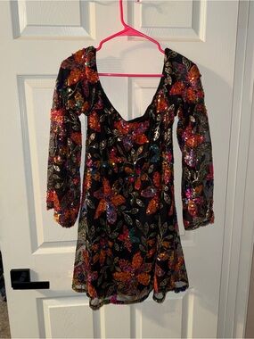 Black Long-Sleeve Sequin Floral Mini Dress